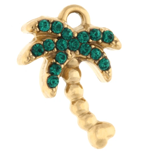 Ciondolo a forma di palma 14x10 mm con strass - Acciaio inossidabile 304 Gold - Verde x1