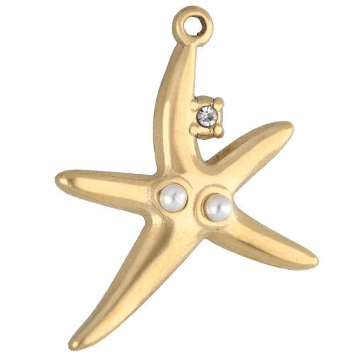 Ciondolo a forma di stella marina 22x19 mm con strass e imitazione di perla - Acciaio inossidabile 304 Gold