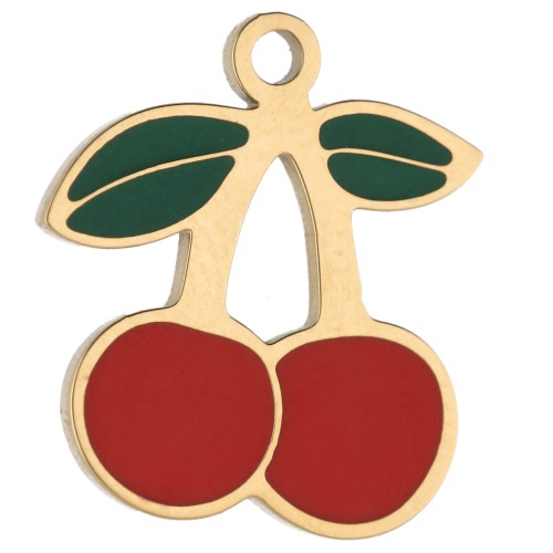 Ciondolo a forma di ciliegia 14x12,5 mm con resina epossidica - Acciaio inossidabile 304 Gold - Rosso x1