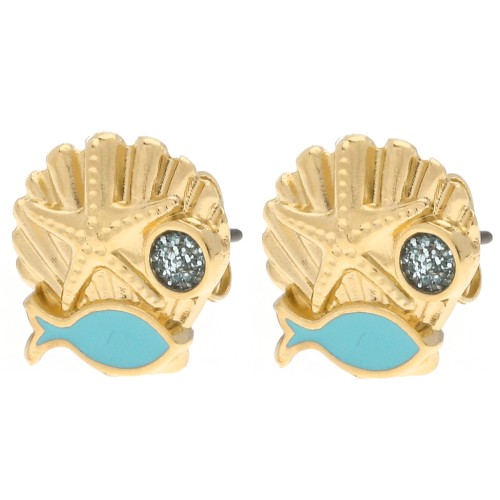 Orecchini a conchiglia 13 mm Dorati con oro fino - Turchese - Glitter blu x2