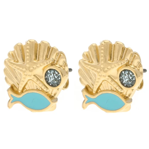 Orecchini a conchiglia 13 mm Dorati con oro fino - Turchese - Glitter blu x2