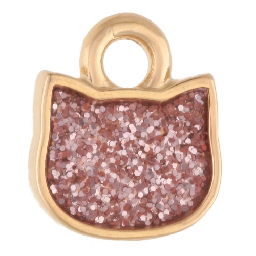Ciondolo a forma di testa di gatto 9x8 mm - Dorato con oro fino - Glitter rosa x1