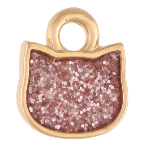 Ciondolo a forma di testa di gatto 9x8 mm - Dorato con oro fino - Glitter rosa x1