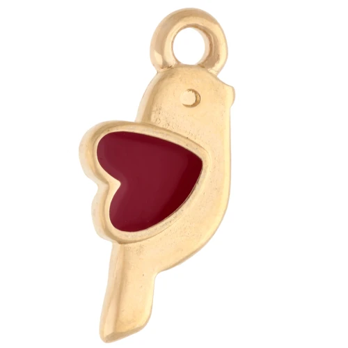 Ciondolo a forma di uccello e cuore 18x8 mm - Dorato con oro fino - Rosso x1