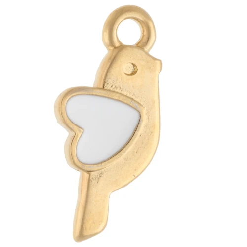 Ciondolo a forma di uccello e cuore 18x8 mm - Dorato in oro fino - Bianco x1