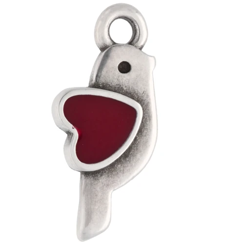 Ciondolo a forma di uccello e cuore 18x8 mm - Placcatura in argento antico - Rosso x1