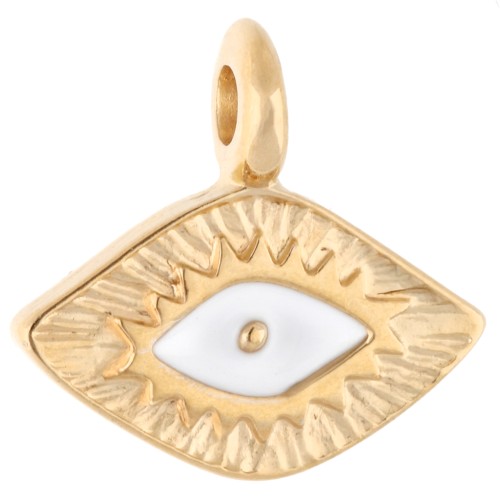 Ciondolo a rombo 12x13 mm - Motivo a occhio - Dorato in oro fino - Bianco x1