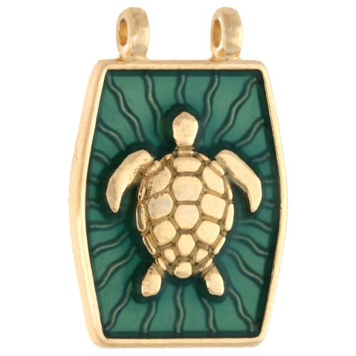 Pendente intercalare 22,5x15 mm - motivo tartaruga - Dorato in oro fino - Verde x1