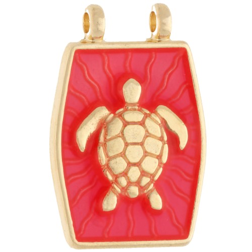 Ciondolo intercalare 22,5x15 mm - Motivo tartaruga - Dorato in oro fino - Corallo fluorescente