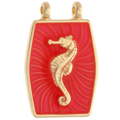 Pendente a forma di cavalluccio marino 22,5x15 mm - Dorato in oro fino - Corallo fluorescente