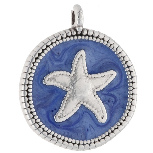 Ciondolo rotondo irregolare a forma di stella marina da 20 mm Placcatura in argento antico Perla blu