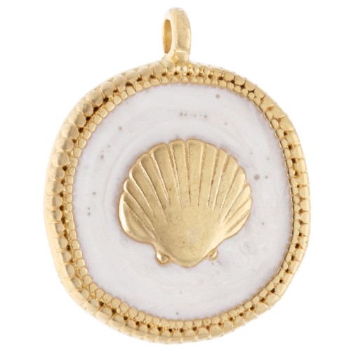 Ciondolo rotondo irregolare in conchiglia 20 mm - Dorato in oro fino - Bianco perlato x1