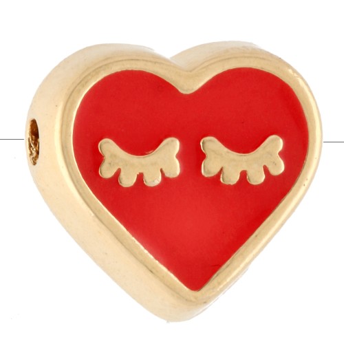 Perla a forma di cuore 9x10 mm con resina epossidica - Dorata con oro fino - Rosso chiaro x1