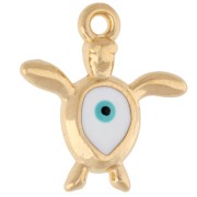 Ciondolo tartaruga 18,5x17 mm - Motivo occhi - Dorato in oro fino - Bianco - Blu x1