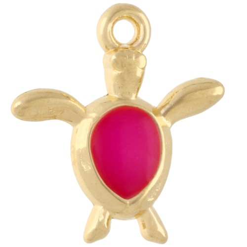 Ciondolo tartaruga 18,5x17 mm - Dorato con oro fino - Rosa fluorescente x1