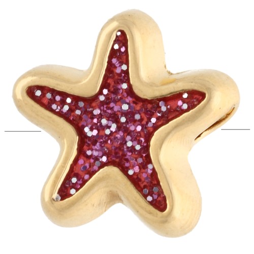 Perla di stella marina da 10 mm in resina epossidica - Dorato con oro fino - Brillantini rosa x1