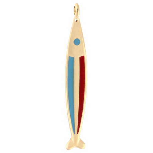 Ciondolo a forma di pesce 58x9 mm in resina epossidica - Dorato in oro fino - Blu - Rosso x1