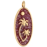 Pendente ovale 28,5x12,5 mm con motivo a palma - Dorato in oro fino - Glitter rosa x1