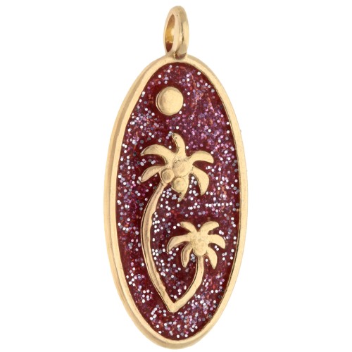 Pendente ovale 28,5x12,5 mm con motivo a palma - Dorato in oro fino - Glitter rosa x1