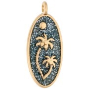 Pendente ovale 28,5x12,5 mm con motivo a palma - Dorato in oro fino - Blu-grigio scintillante