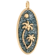 Pendente ovale 28,5x12,5 mm con motivo a palma - Dorato in oro fino - Blu-grigio scintillante