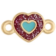 Distanziatore a forma di cuore 15x8,5 mm in resina epossidica - Dorato con oro fino - Con brillantini rosa - Blu
