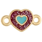 Distanziatore a forma di cuore 15x8,5 mm in resina epossidica - Dorato con oro fino - Con brillantini rosa - Blu