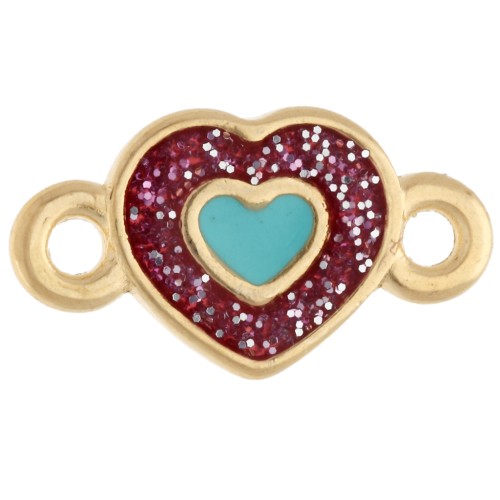 Distanziatore a forma di cuore 15x8,5 mm in resina epossidica - Dorato con oro fino - Con brillantini rosa - Blu