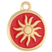 Ciondolo rotondo irregolare 15 mm - Motivo del sole - Dorato in oro fino - Corallo fluorescente x1