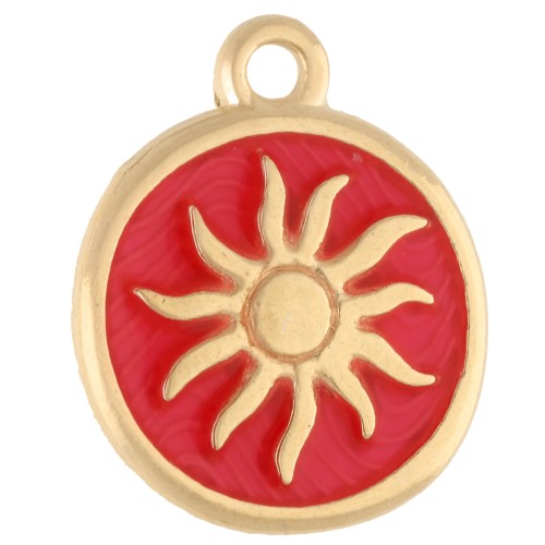 Ciondolo rotondo irregolare 15 mm - Motivo del sole - Dorato in oro fino - Corallo fluorescente x1