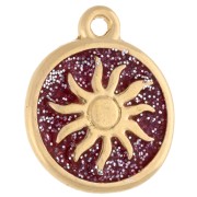 Ciondolo rotondo irregolare 15 mm - Motivo sole - Dorato in oro fino - Glitter rosa