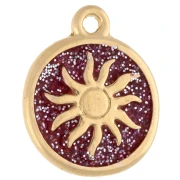 Ciondolo rotondo irregolare 15 mm - Motivo sole - Dorato in oro fino - Glitter rosa