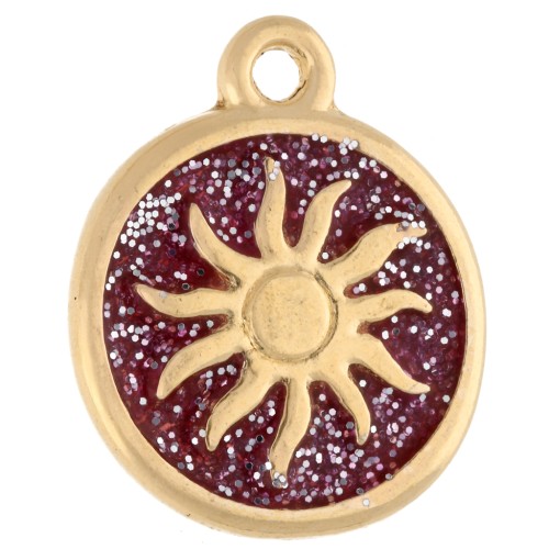 Ciondolo rotondo irregolare 15 mm - Motivo sole - Dorato in oro fino - Glitter rosa