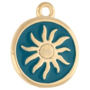 Ciondolo rotondo irregolare 15 mm - Motivo sole - Dorato in oro fino - Blu petrolio