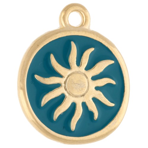 Ciondolo rotondo irregolare 15 mm - Motivo sole - Dorato in oro fino - Blu petrolio