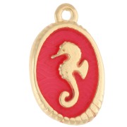 Ciondolo ovale 21x13,5 mm - Motivo cavalluccio marino - Dorato in oro fino - Corallo fluorescente x1