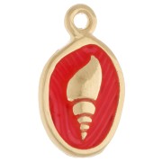 Charm ovale 19x11 mm - Motivo conchiglia - Dorato in oro fino - Corallo fluorescente x1