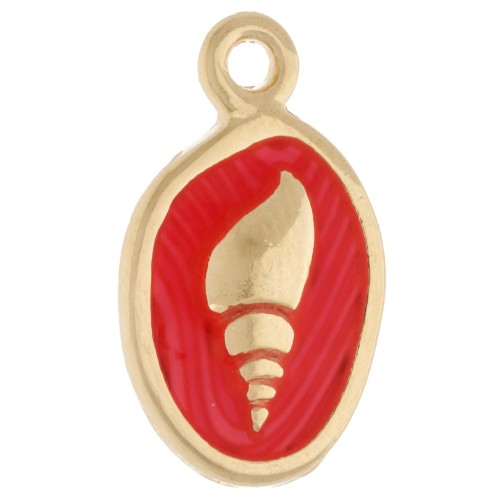 Charm ovale 19x11 mm - Motivo conchiglia - Dorato in oro fino - Corallo fluorescente x1