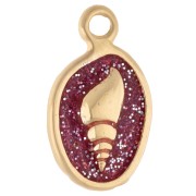 Charm ovale 19x11 mm - Motivo conchiglia - Dorato in oro fino - Glitter rosa x1