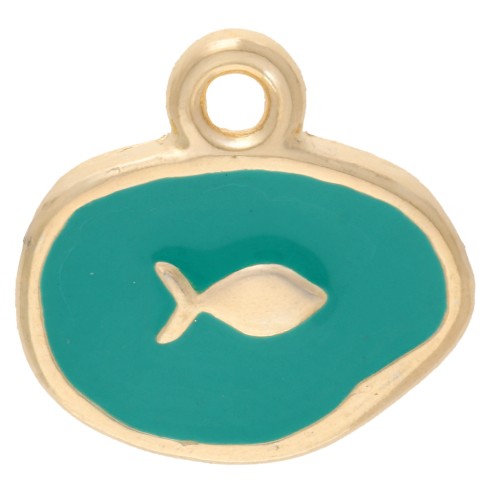 Ciondolo ovale irregolare 13mm - Motivo pesce - Dorato in oro fino - Verde turchese