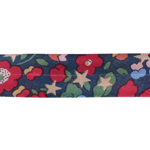 Sbieco in tessuto Liberty - Christmas Betsy - Blu notte - Rosso - Dorato x 1 m