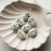 Perlina ovale in ceramica 19x14,5 mm - motivo floreale - Bianco - Blu - Verde x1