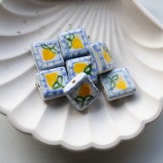 Perla quadrata in ceramica da 16 mm - Motivo limone - Blu - Giallo x1
