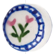 Perla piatta rotonda in ceramica da 19 mm - fiori - bianco - blu x1