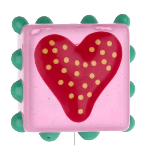 Perlina di vetro quadrata da 17 mm con piccole sfere - Cuore - Rosa - Rosso x1