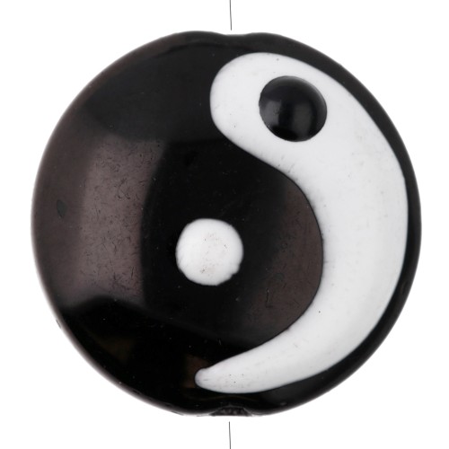 Perla di vetro tonda appiattita da 16,2 mm - Motivo Yin e Yang - Nero - Bianco x1
