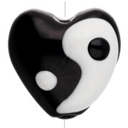 Perla a cuore in vetro 13,5x14 mm - motivo Yin e Yang - Nero - Bianco x1