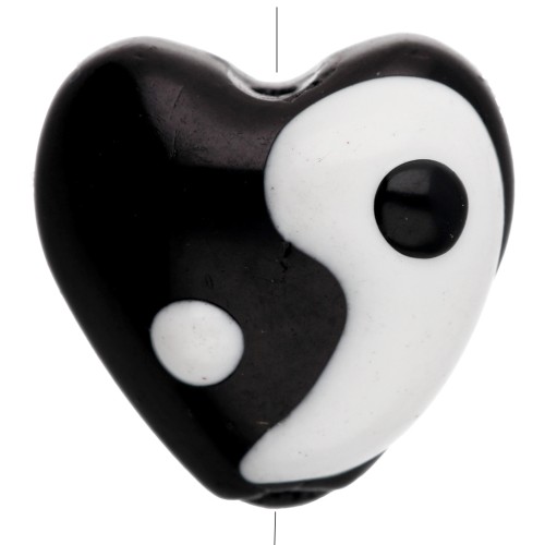 Perla a cuore in vetro 13,5x14 mm - motivo Yin e Yang - Nero - Bianco x1