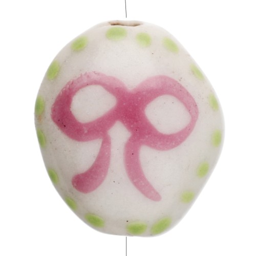 Perla ovale in ceramica 15x12,5 mm - Motivo a fiocco - Bianco - Rosa - Verde x1