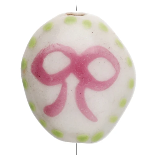 Perla ovale in ceramica 15x12,5 mm - Motivo a fiocco - Bianco - Rosa - Verde x1